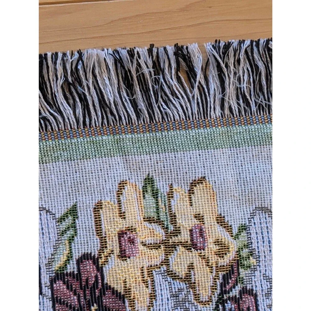 Vintage Baby Blessing Woven Tapestry Throw Blanket 38x52 Fringe Stork Nursery